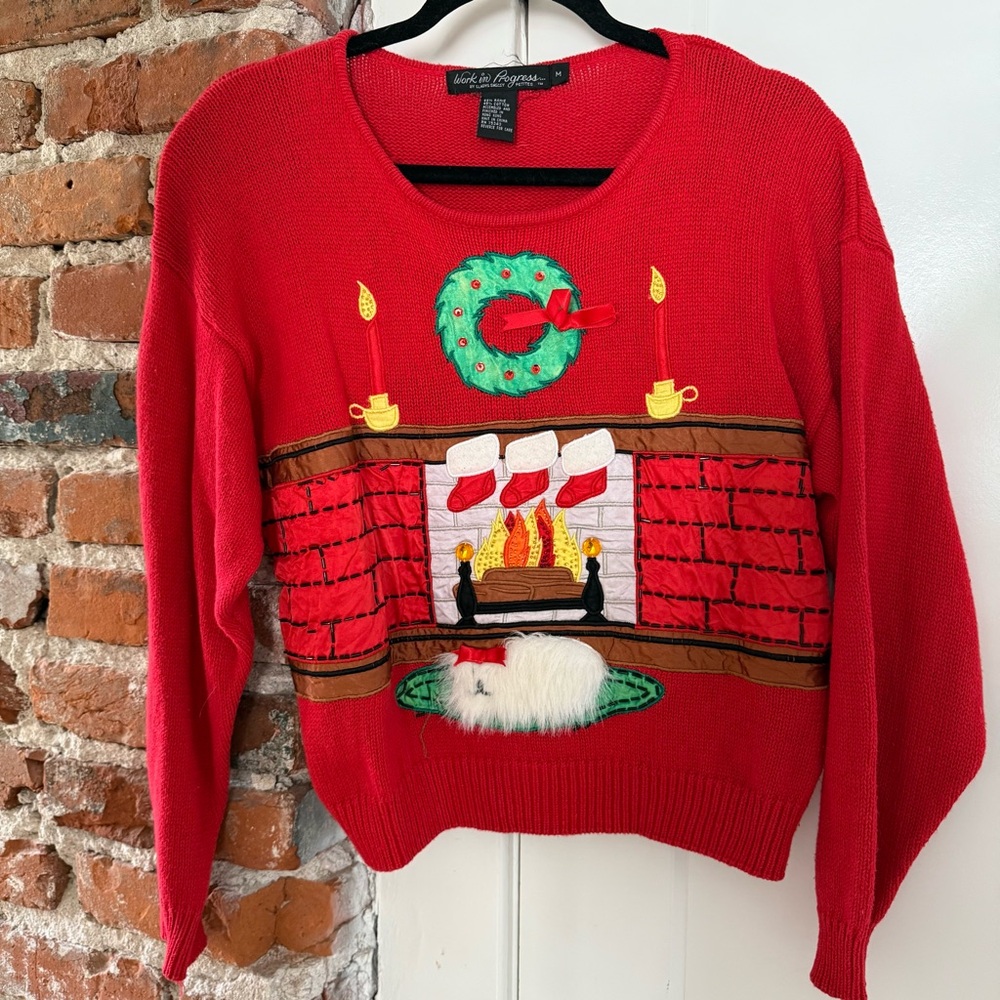 Vintage Work in Progress Ugly Christmas Sweater Cute White Fluffy Dog Size M